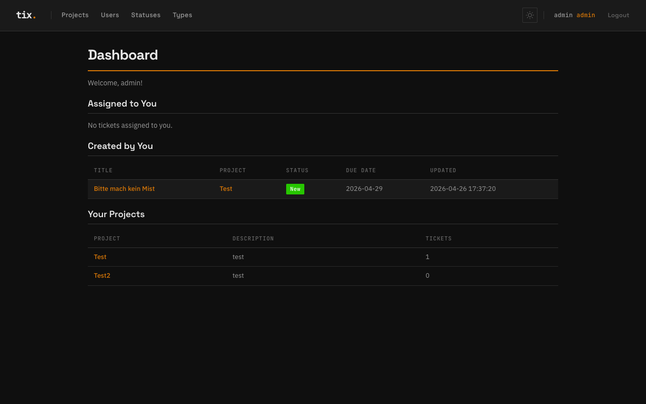 tix dashboard showing assigned tickets, created tickets, and project list