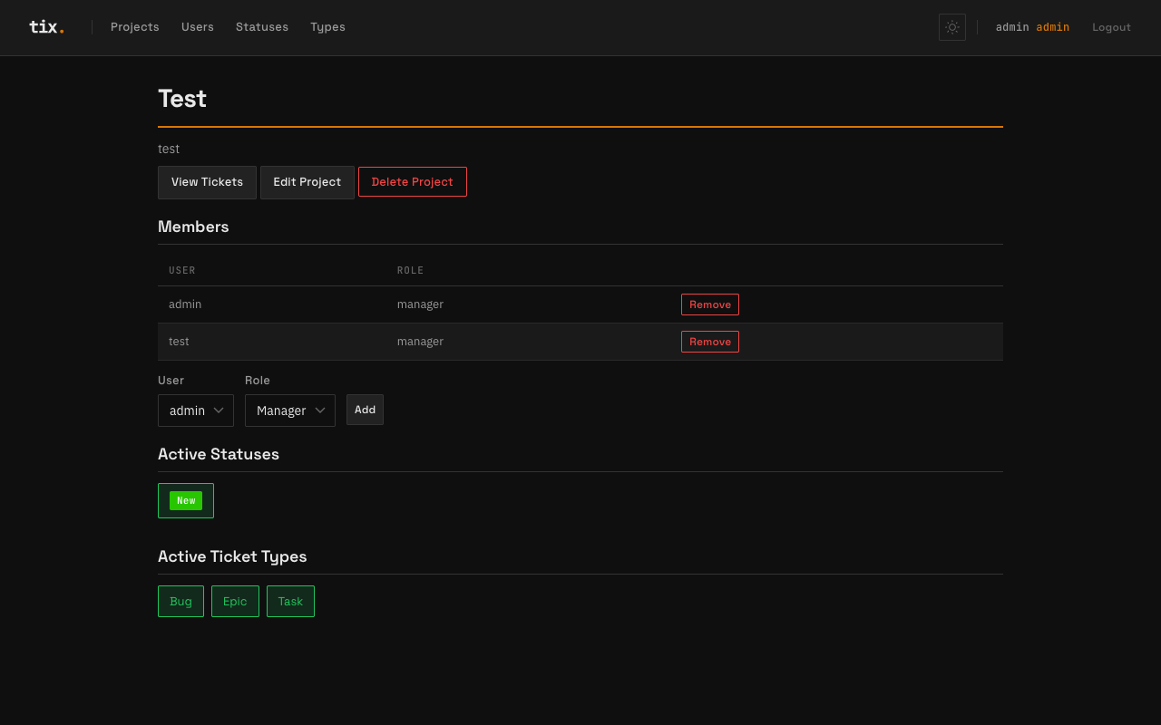 Project settings with members, roles, statuses, and ticket types