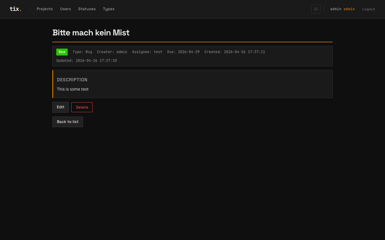 Ticket detail view showing status, type, assignee, description and actions