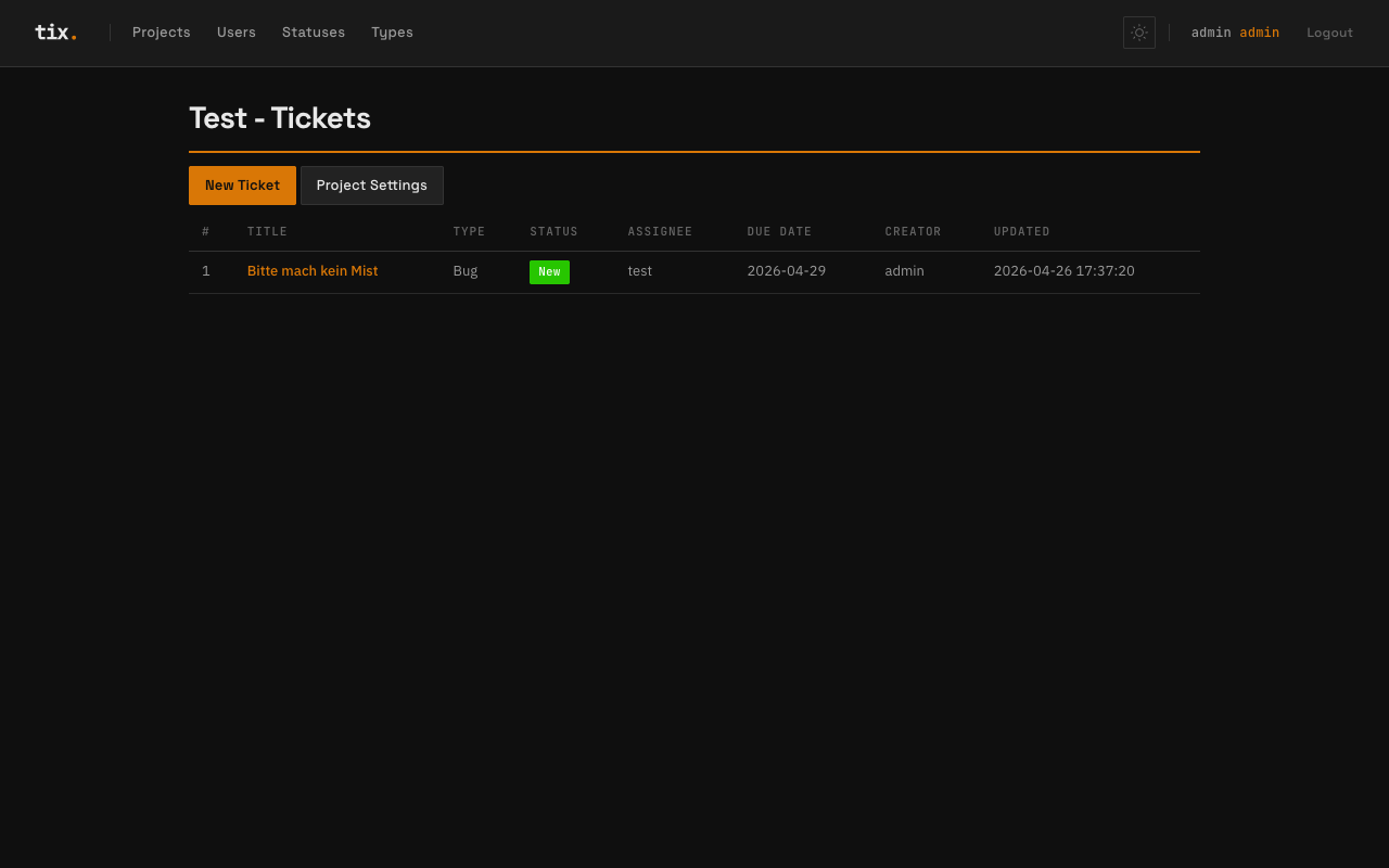 Ticket list view with status badges, assignees, and due dates